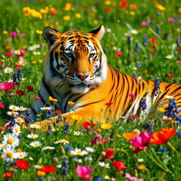 A majestic tiger lounging amidst a field of vibrant wildflowers