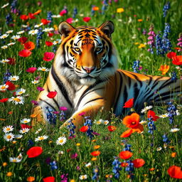 A majestic tiger lounging amidst a field of vibrant wildflowers