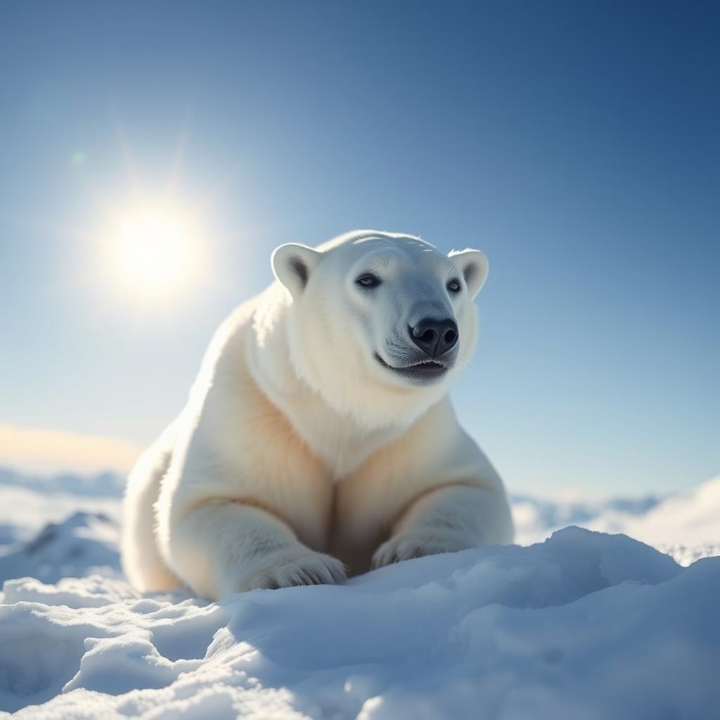 A white polar bear sitting on a snowy mountain peak with a clear blue sky in the background