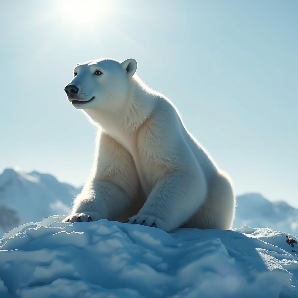 A white polar bear sitting on a snowy mountain peak with a clear blue sky in the background