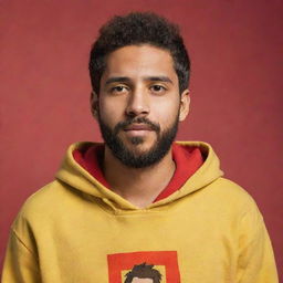 A 20-year-old guy with a beard and short hair, wearing a yellow hoodie with the text 'El Trivi', set against a red background. The style is comparable to Disney/Pixar animation.