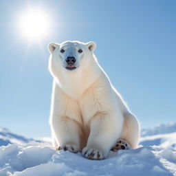 A white polar bear sitting on a snowy mountain peak with a clear blue sky in the background