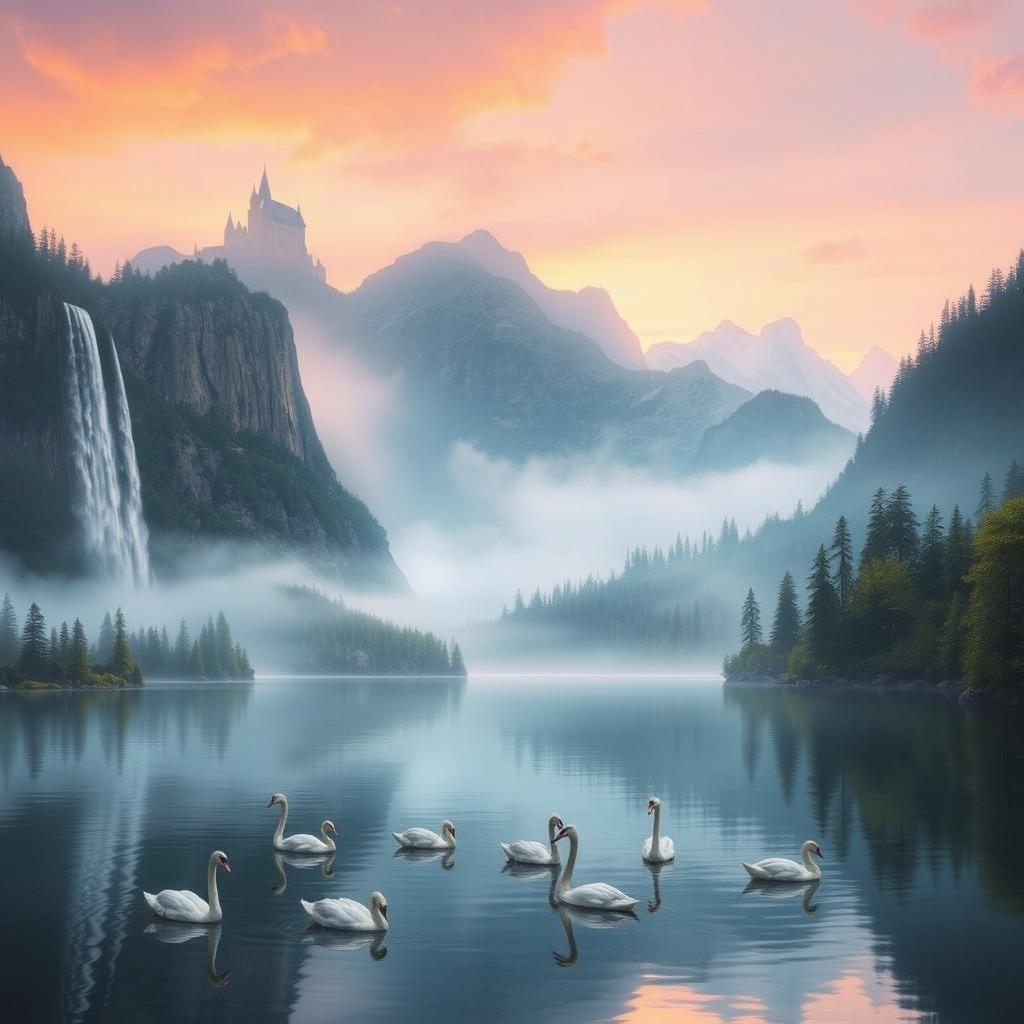 A fantasy landscape depicting a serene lake surrounded by lush forests and towering mountains