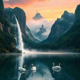 A fantasy landscape depicting a serene lake surrounded by lush forests and towering mountains