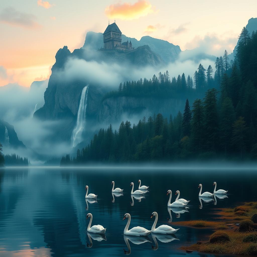 A fantasy landscape depicting a serene lake surrounded by lush forests and towering mountains