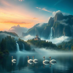 A fantasy landscape depicting a serene lake surrounded by lush forests and towering mountains