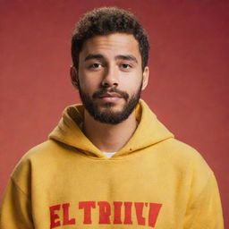 A 20-year-old guy with a beard and short hair, wearing a yellow hoodie with the text 'El Trivi', set against a red background. The style is comparable to Disney/Pixar animation.