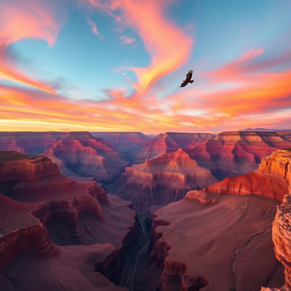 A majestic view of the Grand Canyon at sunset, with vibrant orange and pink hues filling the sky