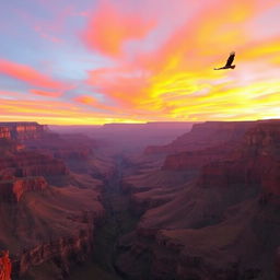 A majestic view of the Grand Canyon at sunset, with vibrant orange and pink hues filling the sky