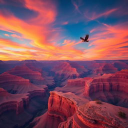 A majestic view of the Grand Canyon at sunset, with vibrant orange and pink hues filling the sky