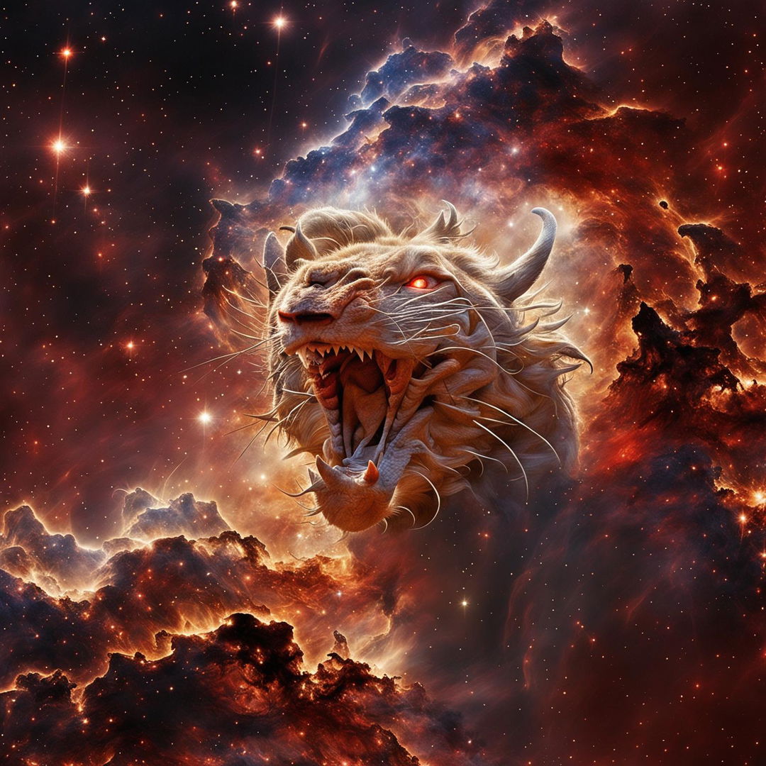 A celestial beast roars in the cosmic void, producing a blinding red light more powerful than all galaxies combined.