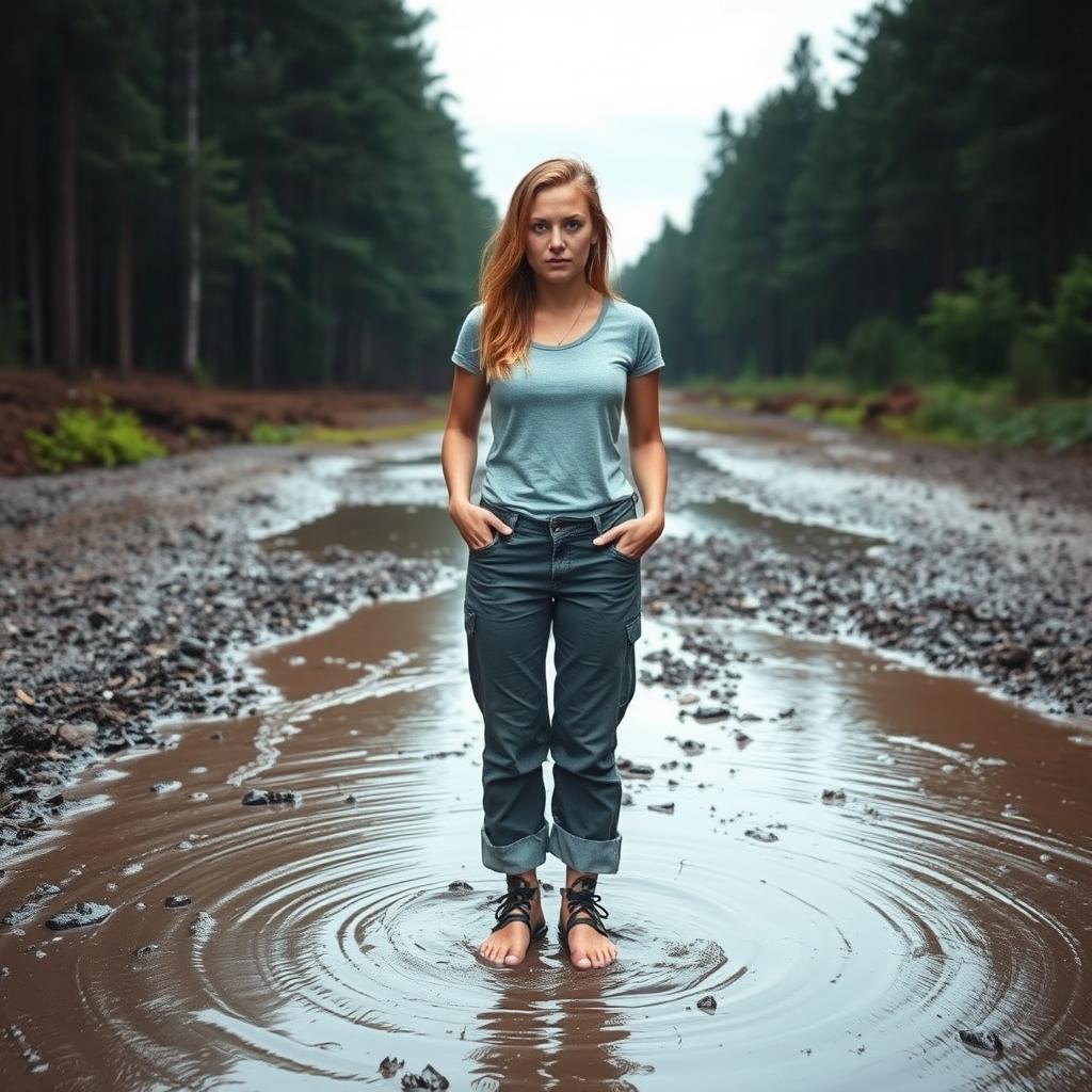 A determined woman named Lily standing on the edge of a deep, muddy puddle on her way to the forest