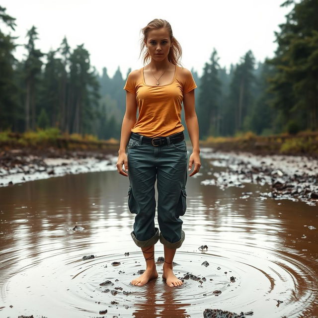 A determined woman named Lily standing on the edge of a deep, muddy puddle on her way to the forest