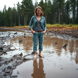 A determined woman named Lily standing on the edge of a deep, muddy puddle on her way to the forest