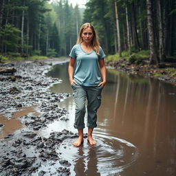 A determined woman named Lily standing on the edge of a deep, muddy puddle on her way to the forest