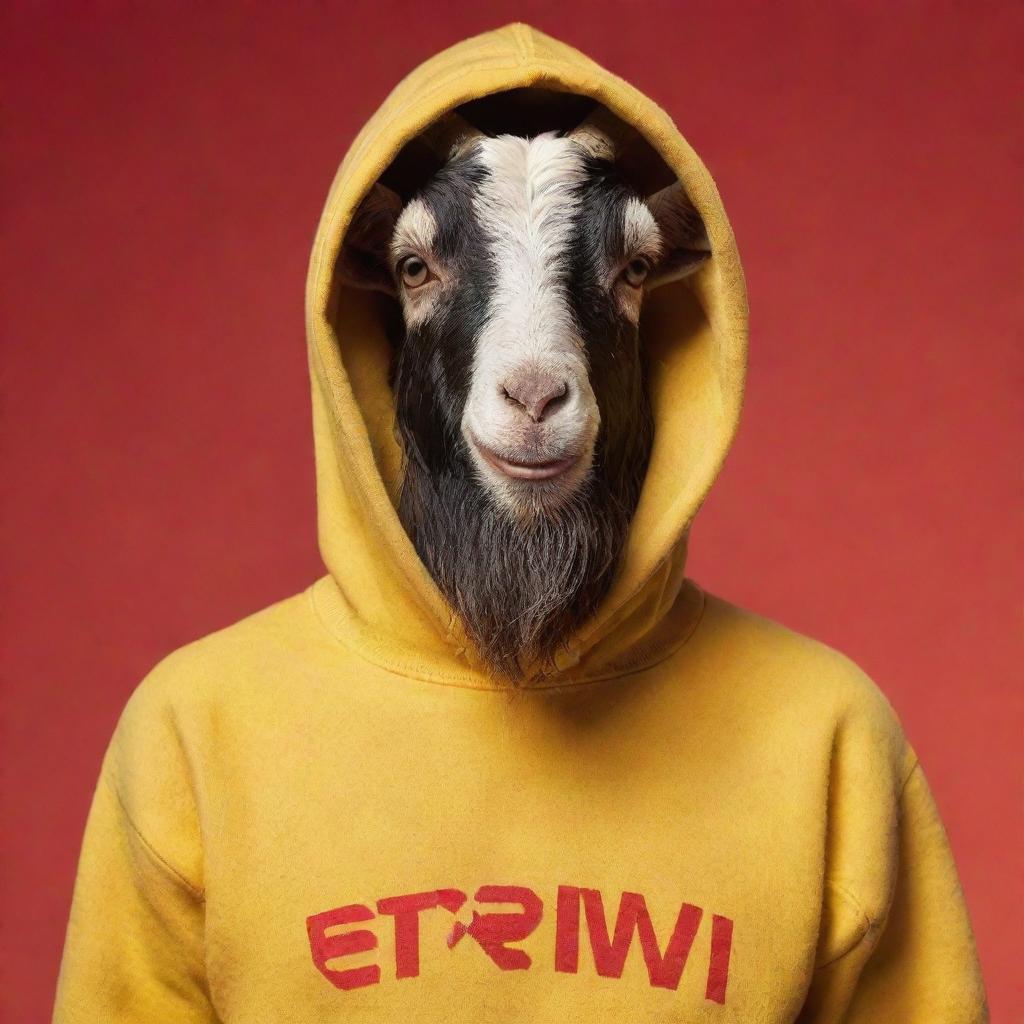 A 20-year-old goat with short hair and a beard, wearing a yellow hoodie with the text 'El Trivi', set against a red background. The style is reminiscent of Disney/Pixar animation.