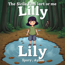 A young girl with dark hair named Lily, standing bravely at the edge of a deep, muddy puddle on her way to the forest