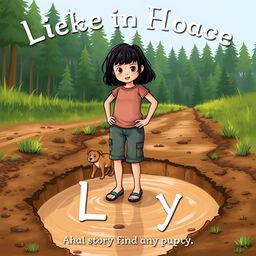 A young girl with dark hair named Lily, standing bravely at the edge of a deep, muddy puddle on her way to the forest