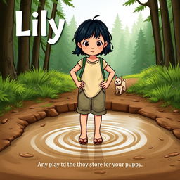 A young girl with dark hair named Lily, standing bravely at the edge of a deep, muddy puddle on her way to the forest