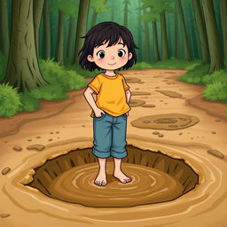 A young girl with dark hair named Lily, standing bravely at the edge of a deep, muddy puddle on her way to the forest