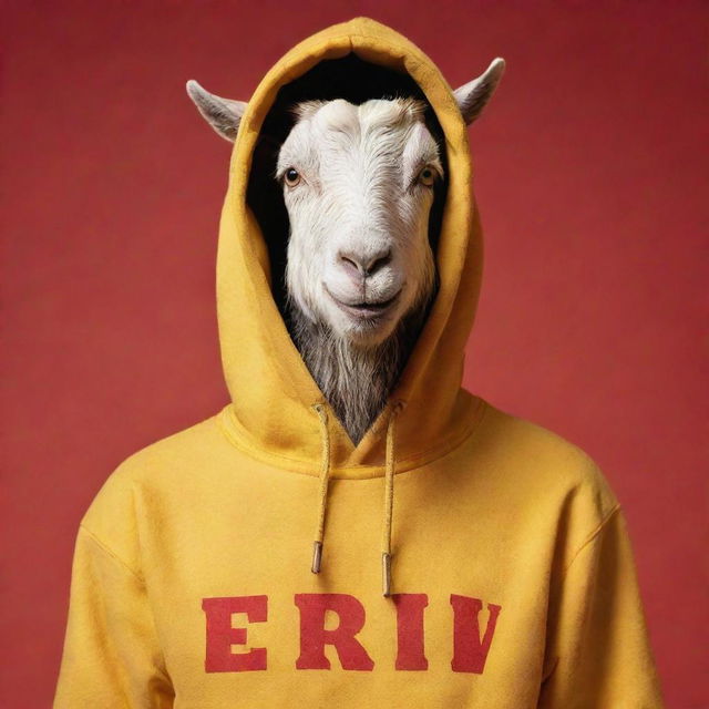 A 20-year-old goat with short hair and a beard, wearing a yellow hoodie with the text 'El Trivi', set against a red background. The style is reminiscent of Disney/Pixar animation.