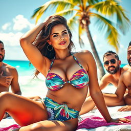 A glamorous woman styled in a colorful bikini, lying confidently on a sun-drenched beach