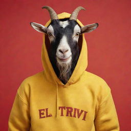 A 20-year-old goat with short hair and a beard, wearing a yellow hoodie with the text 'El Trivi', set against a red background. The style is reminiscent of Disney/Pixar animation.