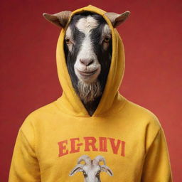 A 20-year-old goat with short hair and a beard, wearing a yellow hoodie with the text 'El Trivi', set against a red background. The style is reminiscent of Disney/Pixar animation.