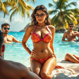 A charismatic woman styled in a vibrant bikini, embodying the essence of a Bollywood actress, lounging on a tropical beach