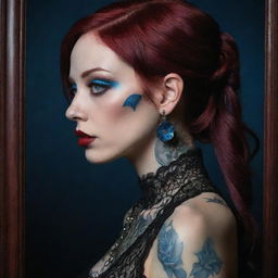 Hyper-realistic 3D side profile photograph of a gothic woman with Japanese tattoos, piercings, and burgundy red hair. Symmetric blue eyes with circular irises, full, vibrant red lips, and detailed skin pores. Framed by lace and satin in a dark, gritty, low-light aesthetic.