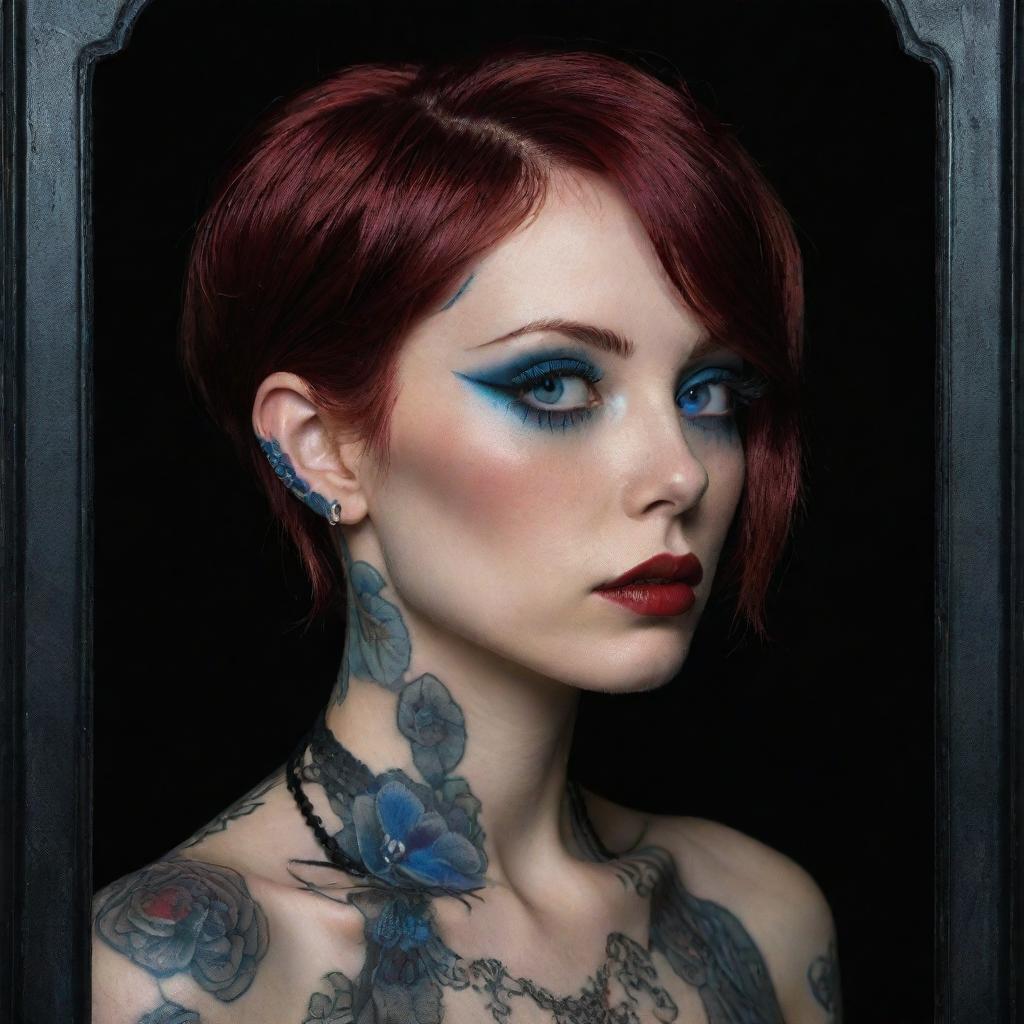 Hyper-realistic 3D side profile photograph of a gothic woman with Japanese tattoos, piercings, and burgundy red hair. Symmetric blue eyes with circular irises, full, vibrant red lips, and detailed skin pores. Framed by lace and satin in a dark, gritty, low-light aesthetic.