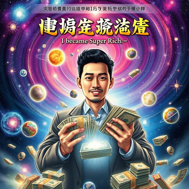 An eastern fantasy book cover featuring a man surrounded by multiple galaxies