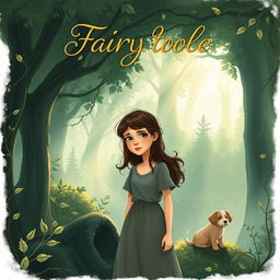 A storybook cover illustration featuring a determined and tired woman named Lily at the edge of a dense, mystical forest