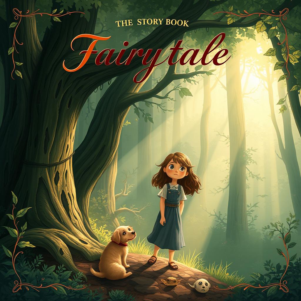 A storybook cover illustration featuring a determined and tired woman named Lily at the edge of a dense, mystical forest