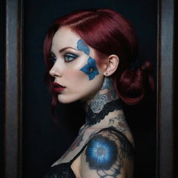 Hyper-realistic 3D side profile photograph of a gothic woman with Japanese tattoos, piercings, and burgundy red hair. Symmetric blue eyes with circular irises, full, vibrant red lips, and detailed skin pores. Framed by lace and satin in a dark, gritty, low-light aesthetic.