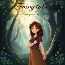 A storybook cover illustration featuring a determined and tired woman named Lily at the edge of a dense, mystical forest