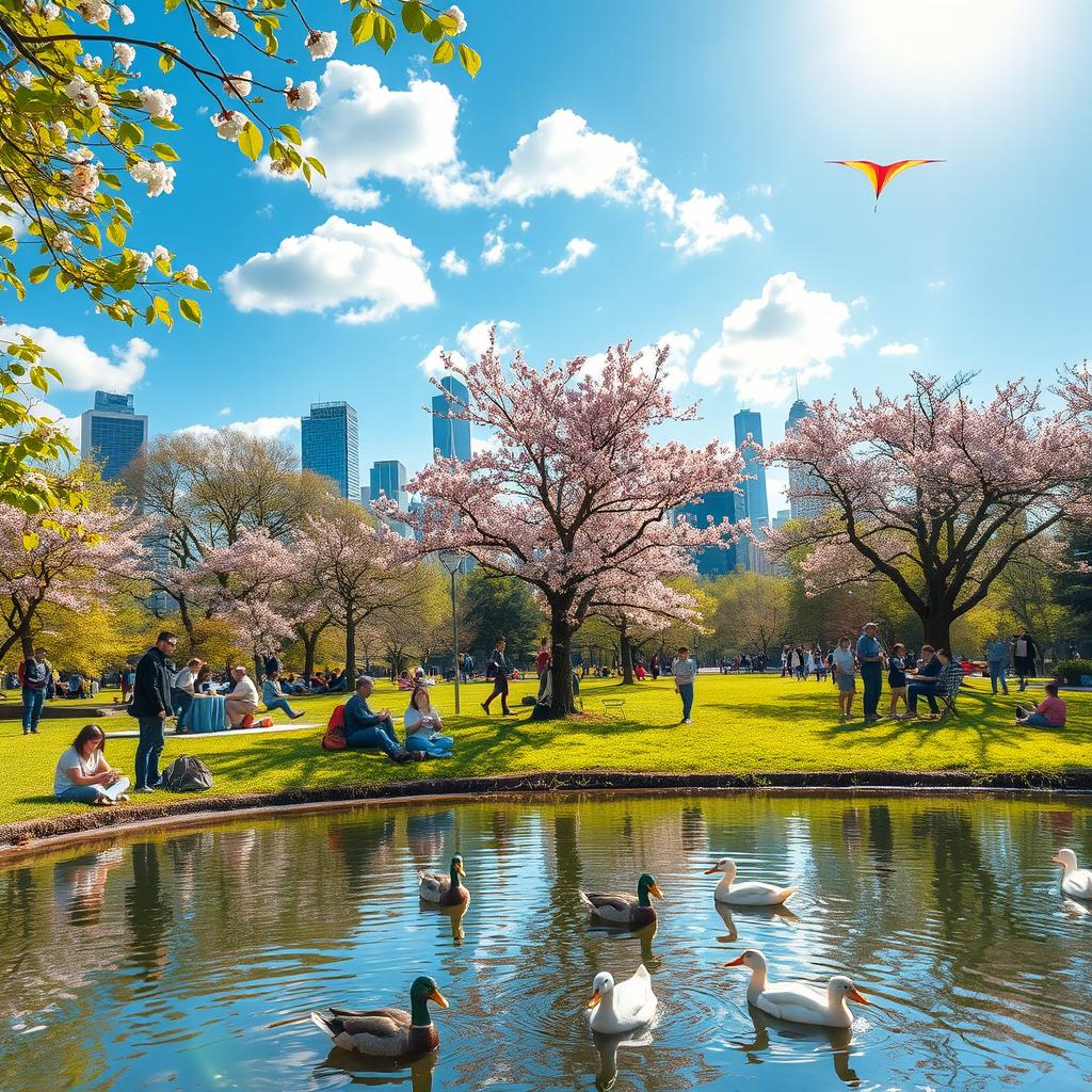 A vibrant scene capturing the essence of springtime in a bustling city park