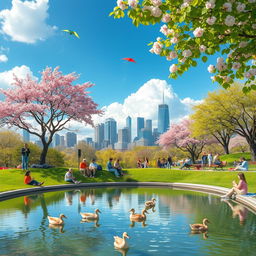 A vibrant scene capturing the essence of springtime in a bustling city park