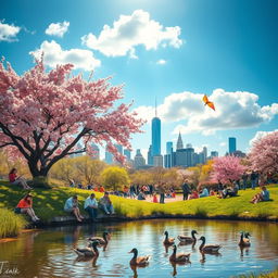 A vibrant scene capturing the essence of springtime in a bustling city park