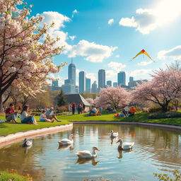 A vibrant scene capturing the essence of springtime in a bustling city park