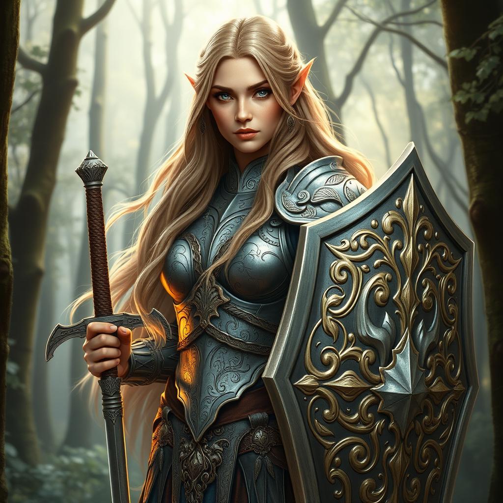 Design a female elven crusader, combining elements of elven elegance and crusader strength