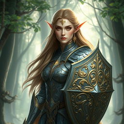 Design a female elven crusader, combining elements of elven elegance and crusader strength