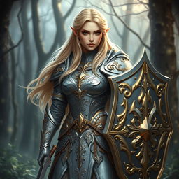 Design a female elven crusader, combining elements of elven elegance and crusader strength