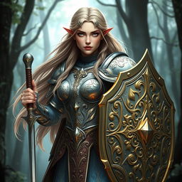 Design a female elven crusader, combining elements of elven elegance and crusader strength