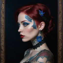 Hyper-realistic 3D side profile photograph of a gothic woman with Japanese tattoos, piercings, and burgundy red hair. Symmetric blue eyes with circular irises, full, vibrant red lips, and detailed skin pores. Framed by lace and satin in a dark, gritty, low-light aesthetic.