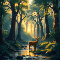 A digital painting of a lush, vibrant forest at sunrise