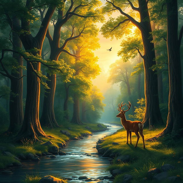 A digital painting of a lush, vibrant forest at sunrise