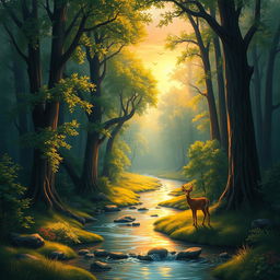 A digital painting of a lush, vibrant forest at sunrise