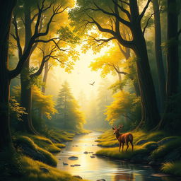 A digital painting of a lush, vibrant forest at sunrise