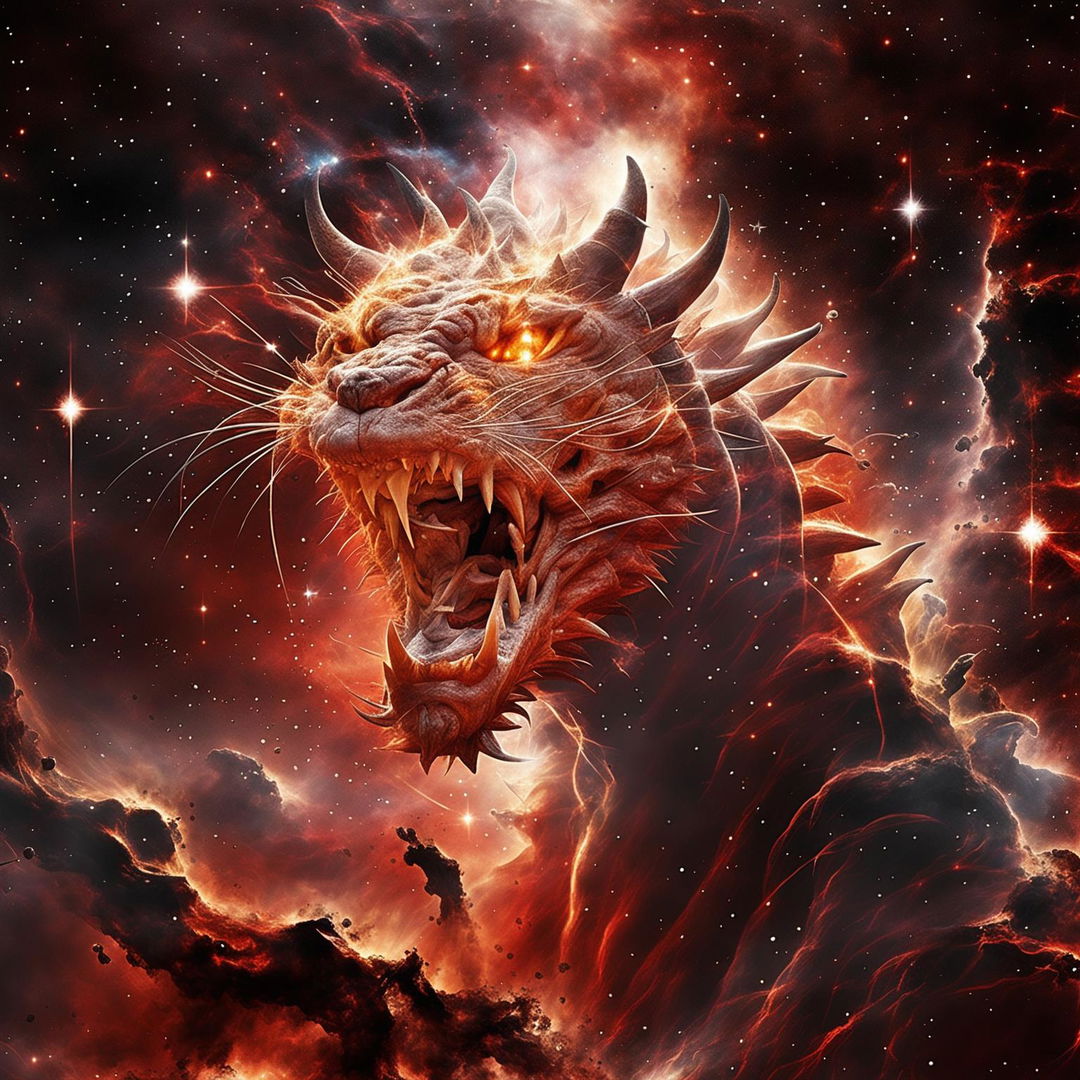 A savage celestial beast roars in the cosmic void, producing a blinding red light more powerful than all galaxies combined.